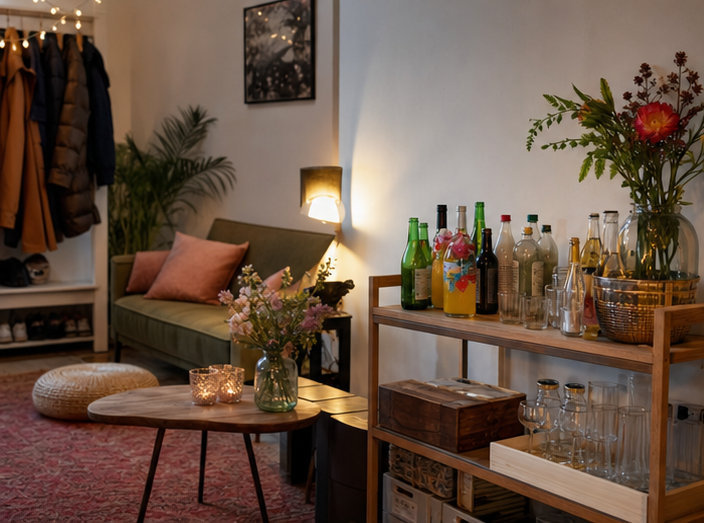 Overzichtelijke woonkamer die is voorbereid voor een klein feestje thuis