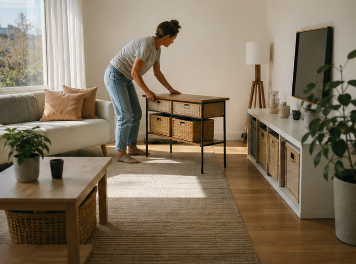 Lichte kleine woonkamer met een praktische looproute en multifunctionele meubels