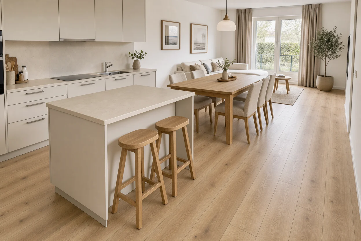 een open woonkeuken met zichtbare looproute tussen eettafel, keuken en zithoek, als illustratie van verschillend gebruik.